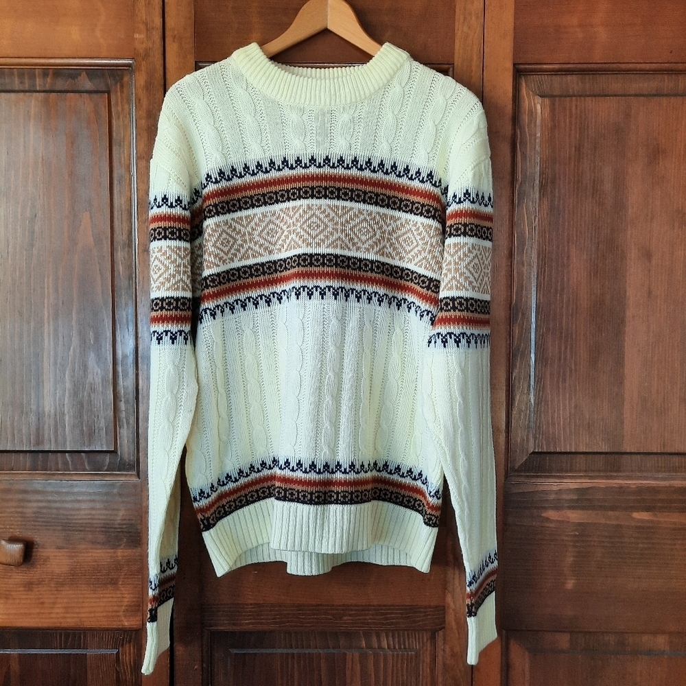 Vintage JCPenney White Fair Isle Apres Ski Cable Knit Crewneck Sweater Size L